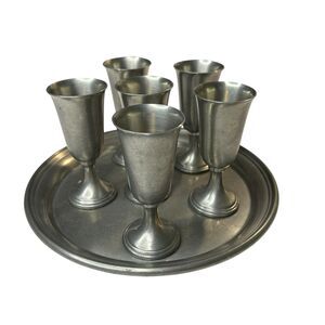 Preisner Pewter No.2023 Tray 8 inch and 6 Cordial Goblet Cups 3.75 inches Tall